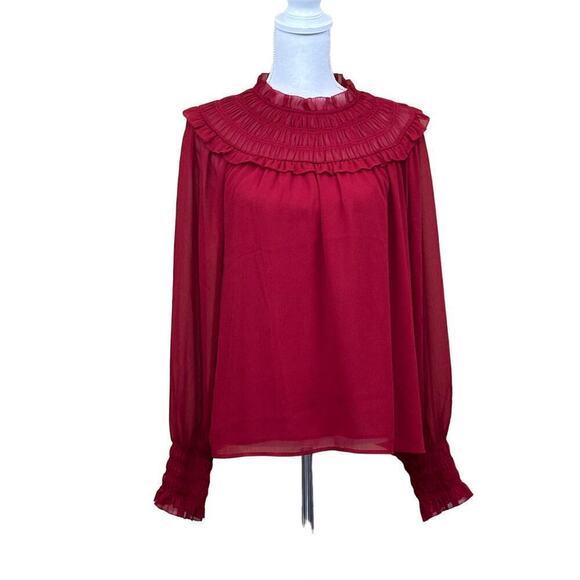 Ann Taylor red smocked yoke blouse, NWT, medium, office, career, sheer, bright - Picture 1 of 8
